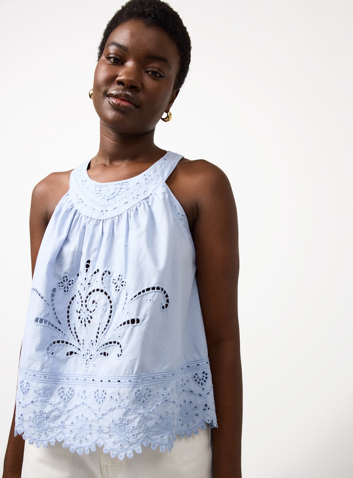 Light Blue Broderie Detail Halter Neck Shell Top 20 - Image 1 thumbnail